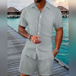 Men's Gray Short Sleeve Shirt and Shorts Set